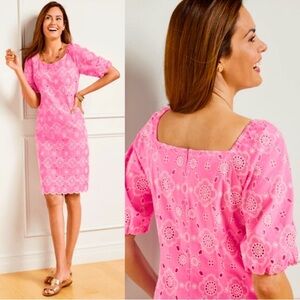 EUC Talbots Puff Sleeve Pink Embroidered Shift Dress Size 10, 100% Cotton
